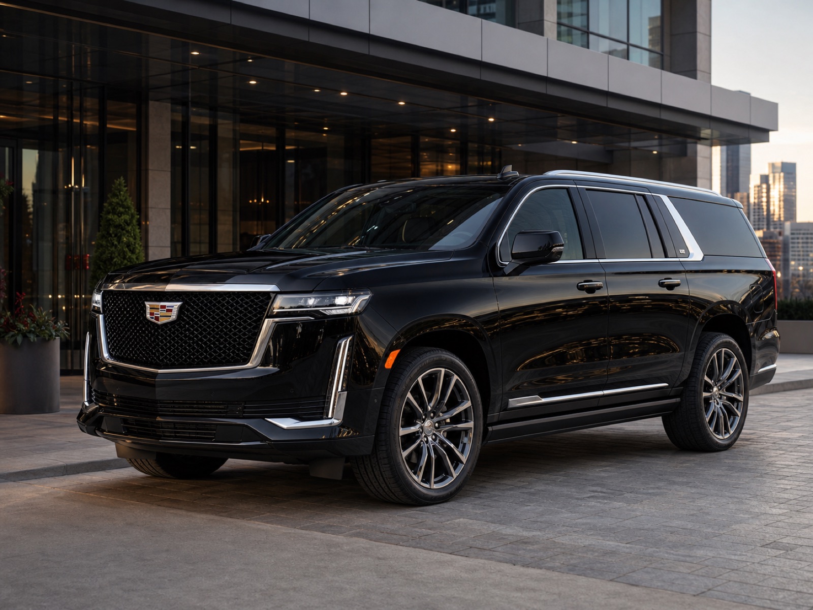 Black Cadillac Escalade premium SUV outside a luxury hotel