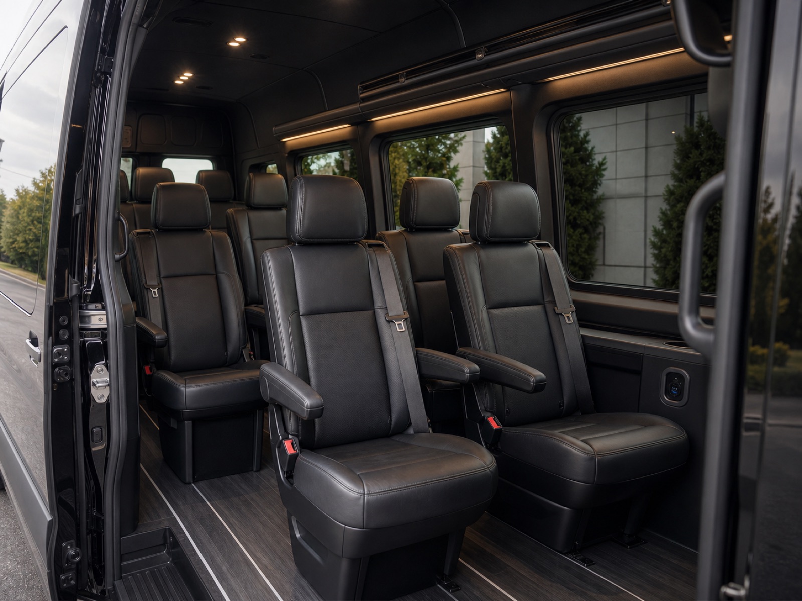 Black leather passenger seating inside a Mercedes Sprinter executive van